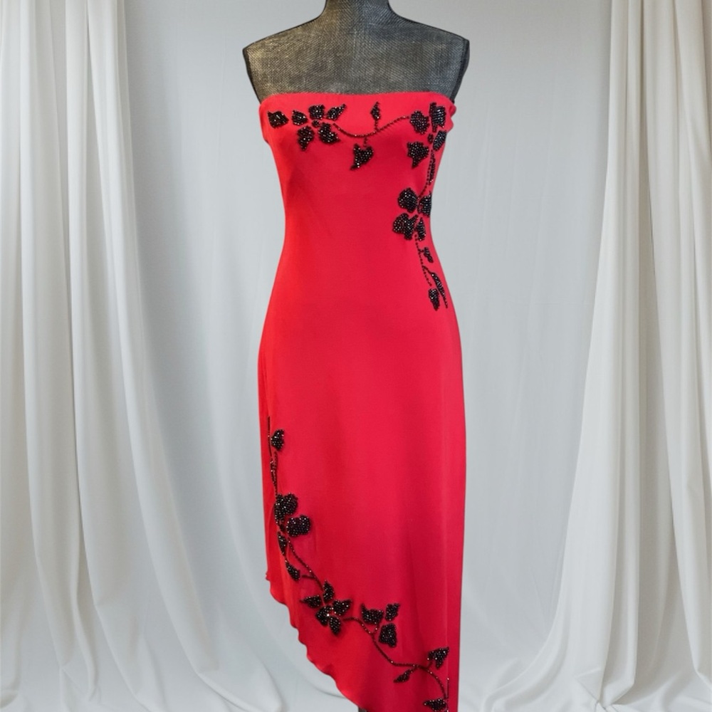 Cache Strapless Red Dress with Black Floral Design